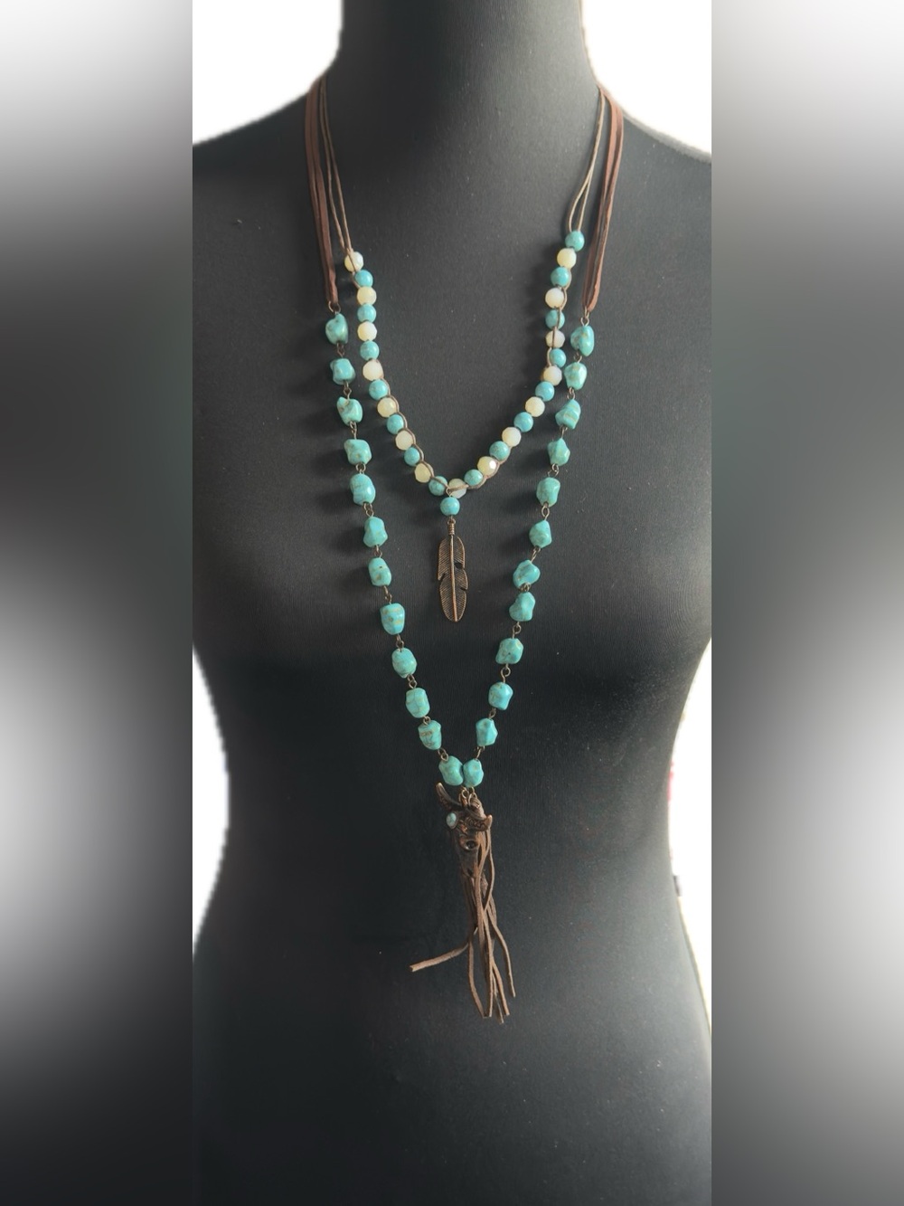 Shyanne Turquoise Bead Layered Necklace with Brown Suede Tassel and Feather